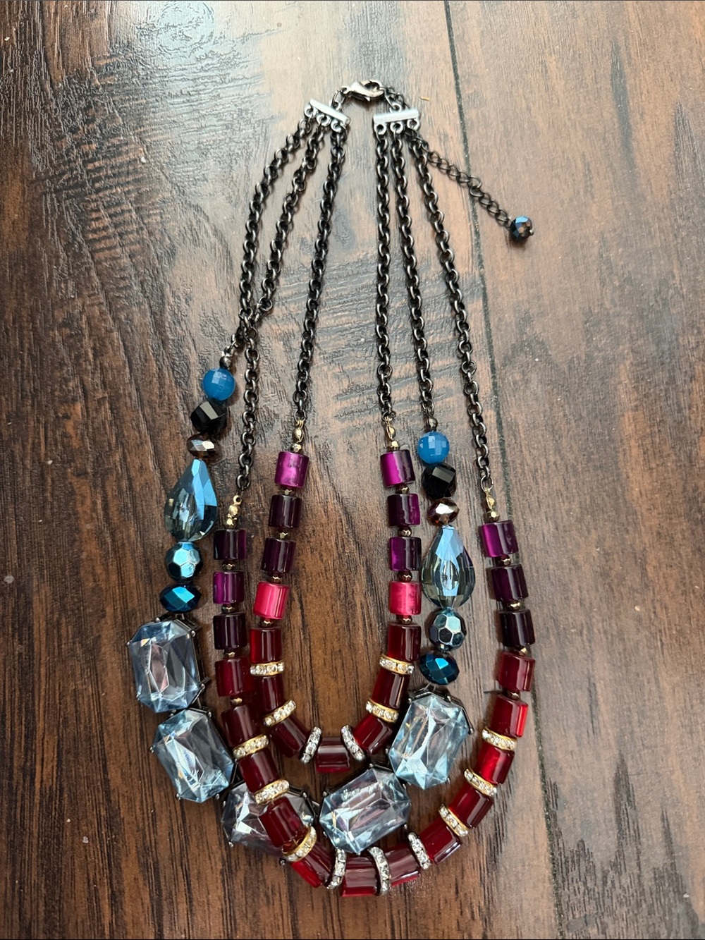 Multi-Strand Statement Necklace with Red and Blue Beads